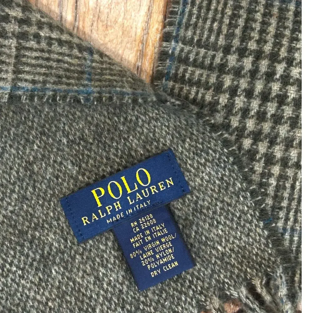 Polo Ralph Lauren Virgin Wool Plaid Scarf Made in Italy Brown Fringe